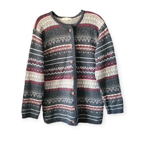 Vintage Wool Nordic Fair Isle Knit Cardigan Sweater grey white red size medium